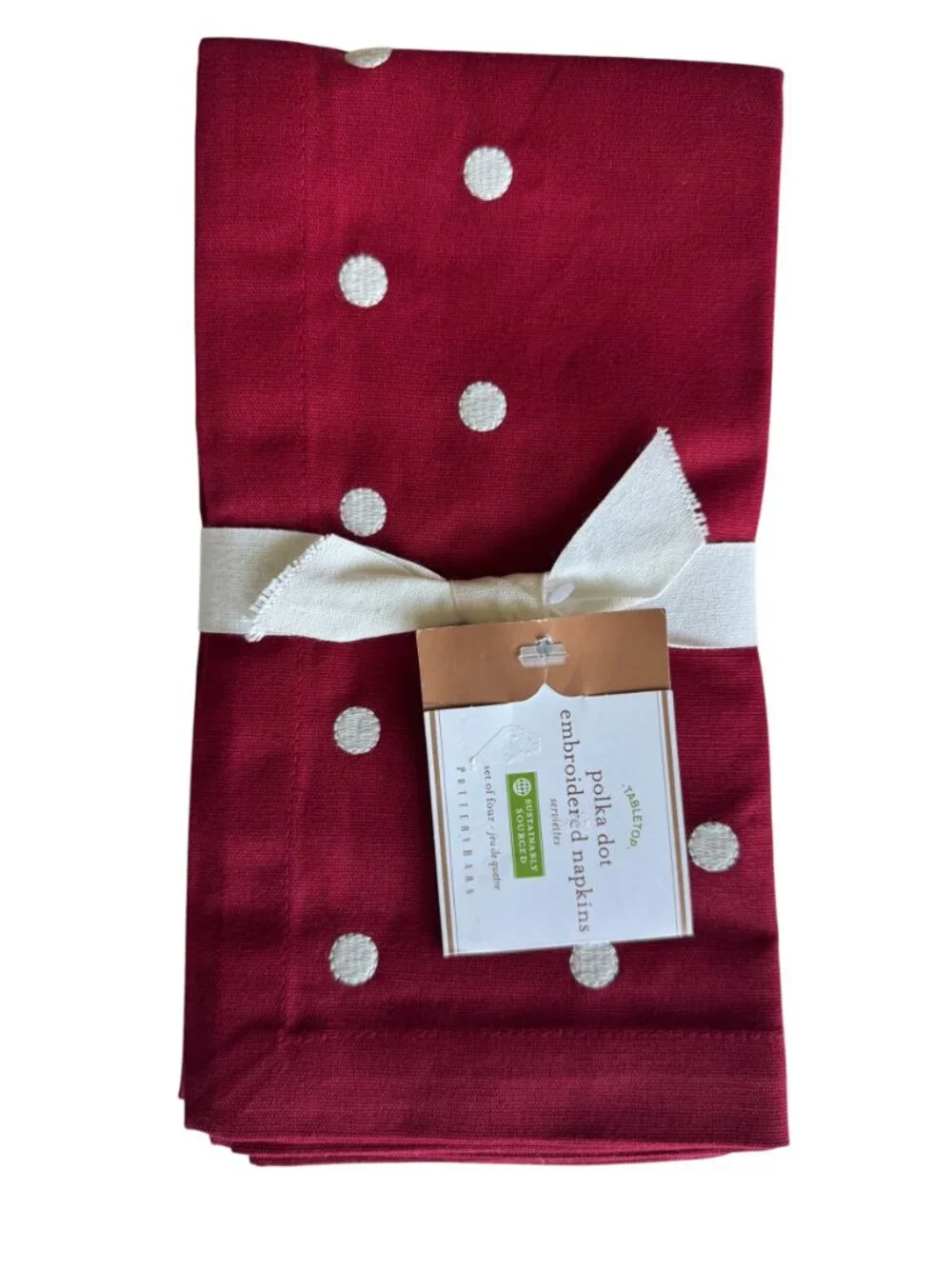 Pottery Barn Polka Dot Embroidered New Set Of Four Red White